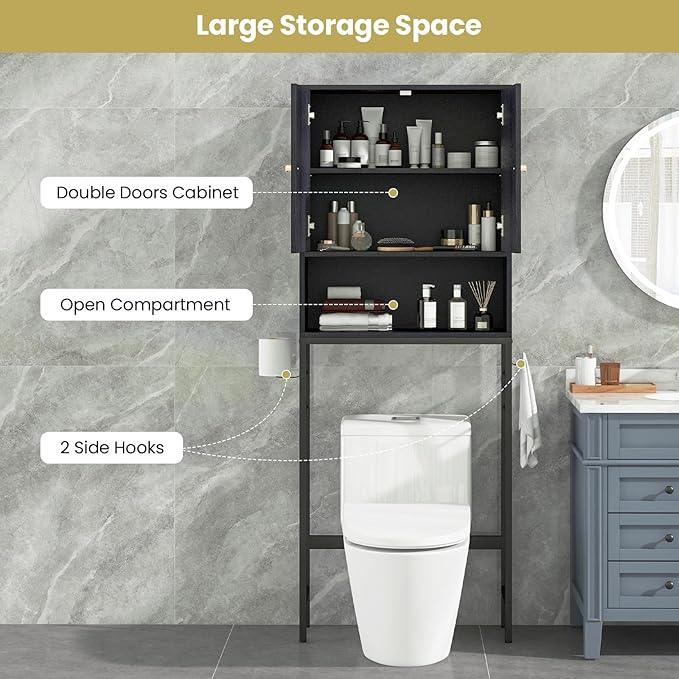 Giantex Over The Toilet Storage Cabinet, Bathroom Space Saver W/Toilet Paper Holder & Hook, Adjustable Shelf & Bottom Bar, Open Storage Cube, Over Toilet Bathroom Organizer for Laundry, Restroom - ModernBath