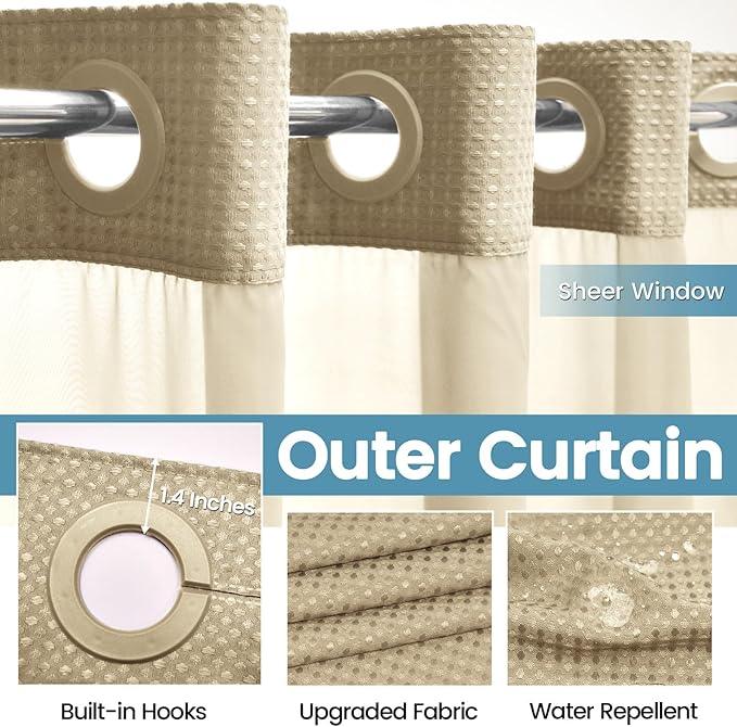 EUTXL Beige Stall No Hook Shower Curtain with Snap in Liner,230GSM Waffle Weave Shower Curtains for Bathroom,54W x 80H - ModernBath