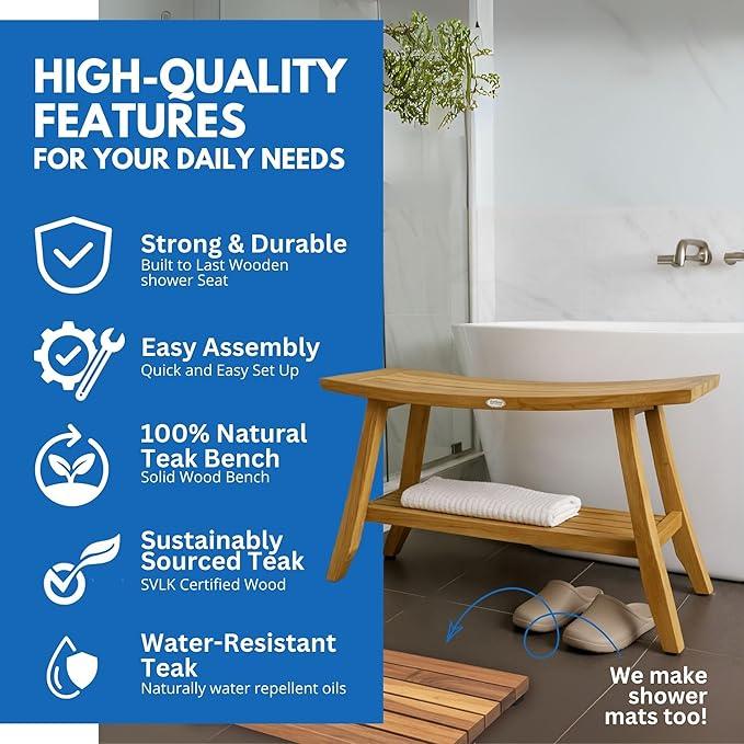 EcoDecors 34 Inch Satori Natural Teak Waterproof Teak Wood Shower Bench Stool Seat Chair For Inside Shower Provides Safety, Storage, and Organization For Bathroom Accessories - ModernBath