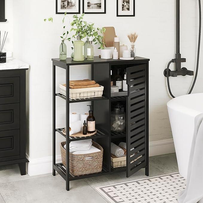 HITNET Black Bathroom Cabinet, Freestanding Storage Cabinet Bamboo Kitchen Floor Cupboard with Door and Shelf, Space Saving Side Storage Organizer for Living Room Bedroom Home Office - ModernBath