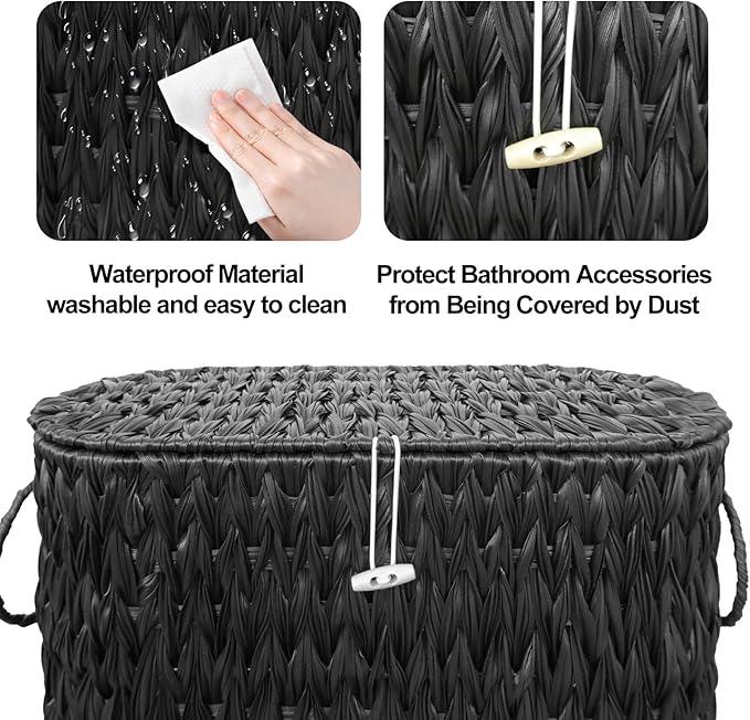 Black Toilet Paper Basket with Lid,Wicker Toilet Paper Storage Stand,Large Narrow Bathroom Towel Basket Mega Roll Container Bin for Toilet Tank,Floor - ModernBath