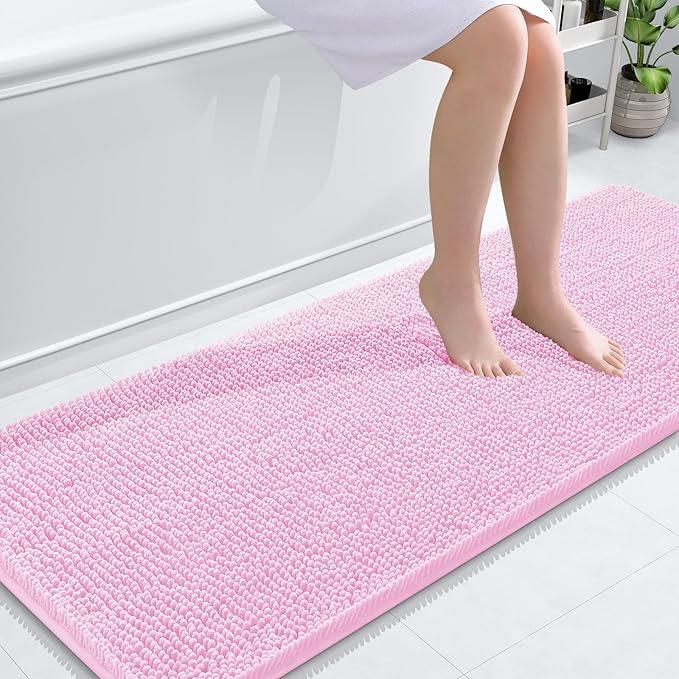 OLANLY Bathroom Rugs 59x24, Extra Soft Absorbent Chenille Bath Rugs, Rubber Backing Quick Dry, Machine Washable Bath Mats for Bathroom Floor, Tub and Shower, Home Decor Accessories, Pink - ModernBath