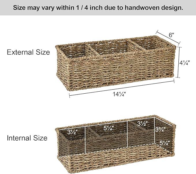 StorageWorks Wicker Toilet Basket Tank Topper, Toilet Paper Basket for Back of Toilet Tank Top, 3-Section Seagrass Storage Baskets for Shelves, 2-Pack - ModernBath