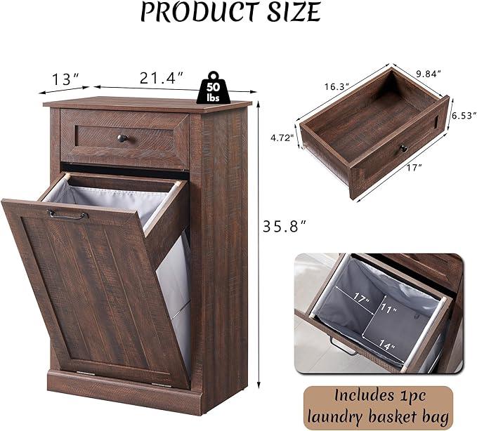 Tilt Out Laundry Hamper Cabinet, 10 Gallon Farmhouse Trash Can Cabinet with Drawer, Hidden Wood Garbage Can Bin Cabinet with Laundry Storage Basket for Bathroom, Kitchen, Brown - ModernBath