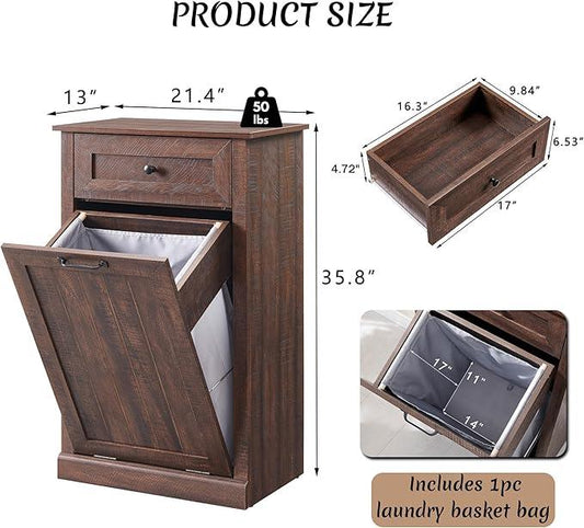 Tilt Out Laundry Hamper Cabinet, 10 Gallon Farmhouse Trash Can Cabinet with Drawer, Hidden Wood Garbage Can Bin Cabinet with Laundry Storage Basket for Bathroom, Kitchen, Brown - ModernBath