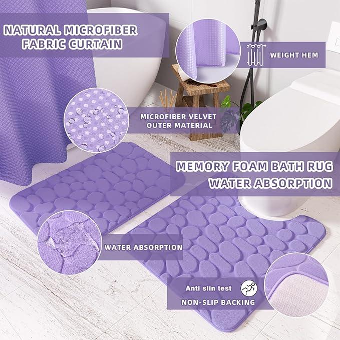 XLHOMO Bathroom Accessories Set - 25PC Bathroom Sets with Shower Curtain and Rugs, Purple Bathroom Set with Trash Can, Soap Dispenser, Soap Dish & Toilet Brush - ModernBath