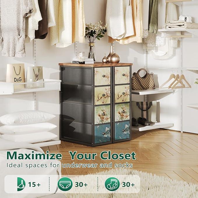 Narrow Dresser, Narrow Nightstand Dresser Storage Tower with 4 Drawers, Slim Fabric Dressers Chest of Drawers for Small Spaces, Retro Flower Dressers, for Bedroom Bathroom Laundry Closet, Vintage - ModernBath