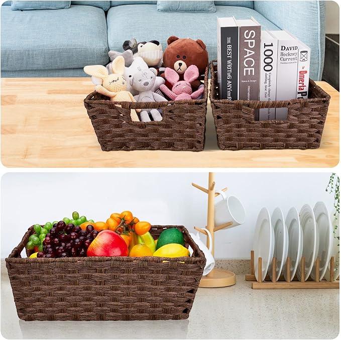 Onlytak Large Wicker Storage Basket, Metal Frame, Set of 2, Washable Waterproof, 15" x 10.3" x 5.2", Brown Color, Woven Basket for Pantry, Toilet, Bathroom, Bedroom, Patio - ModernBath