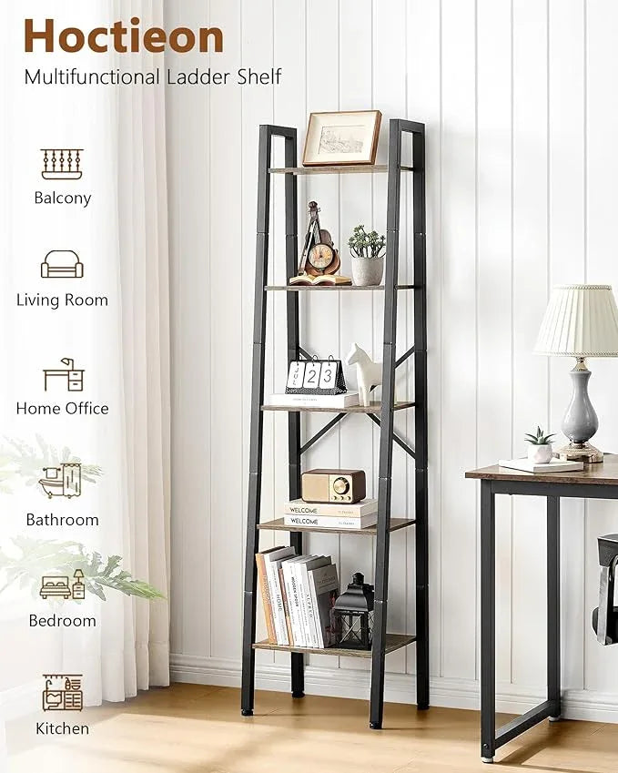 Hoctieon 5-Tier Industrial Ladder Bookshelf, Narrow Ladder Shelf, Tall Standing Bookshelf, Skinny Open Ladder Shelf, for Living Room, Home Office, Kitchen, Bedroom, Metal Frame, Greige - ModernBath