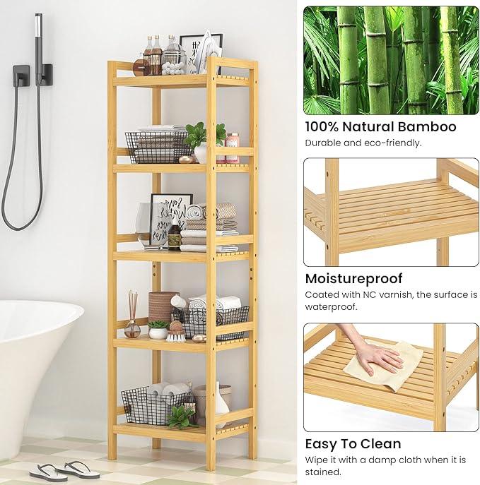 Homykic Bamboo Bookshelf, 5-Tier Narrow 55.9” Adjustable Book Shelf Bookcase Bathroom Shelves Freestanding Storage Stand for Living Room, Bedroom, Kitchen, Rust Resistance, Easy Assembly, Natural - ModernBath