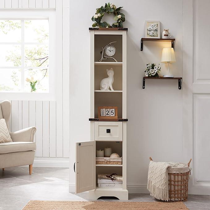 RedLemon Farmhouse Slim Bathroom Storage Cabinet, 68" Tall with Drawer & Adjustable Shelves, Rustic Narrow Storage Cabinet for Living Room, Bathroom, Kitchen, Antique White - ModernBath