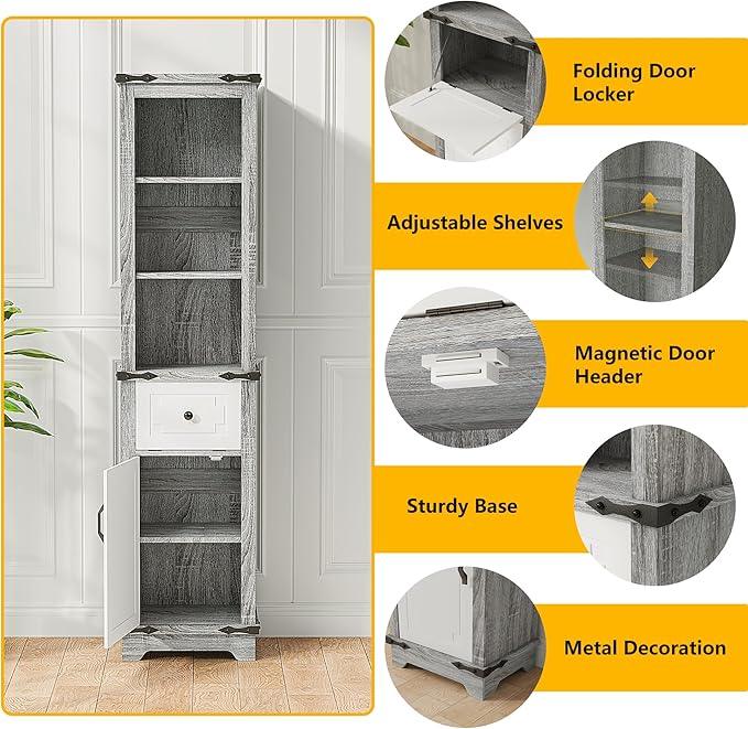 63 Inch Tall Corner Cabinet, Modern Corner Storage Cabinet with Door & Adjustable Shelves & Drawers, Anti-Tipping Free Standing Linen Tower for Bedroom, Bathroom, Kitchen, Pantry (Grey) - ModernBath