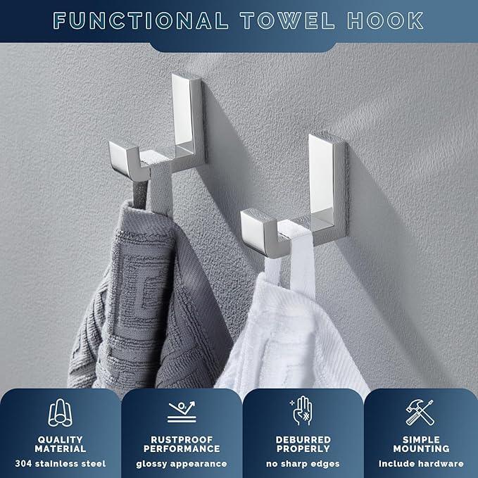 Angle Simple Towel Hooks, SUS 304 Stainless Steel Robe Coat Hooks for Bathroom Wall, Polished Chrome, 2 Pack - ModernBath