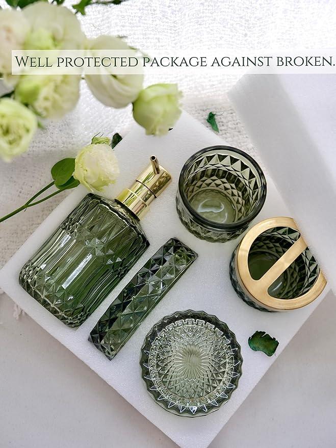 LaMarriti Green Bathroom Accessories Set, 5Pcs Clear Glass Bathroom Set Accessories, Soap Dispenser, Soap Dish, Toothbrush Holder Set, Tumbler, Qtips Holder for Vintage Crystal Bath Decor - ModernBath