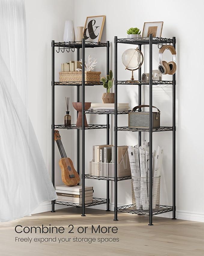 SONGMICS 5-Tier Bathroom Shelf, Storage Rack for Small Space, with 5 PP Shelf Liners, Removable Hook, Extendable Design, Ink Black and Translucent ULGR23BK - ModernBath