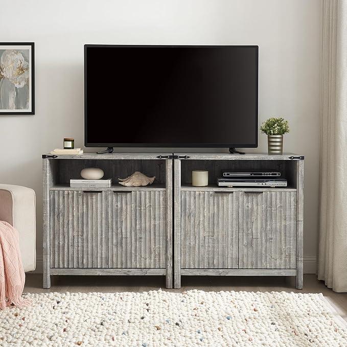 Buffet Cabinet with Storage - Modern Farmhouse Rustic 32 Fluted Sideboard Storage Cabinet Buffet with Adjustable Shelves, Coffee Wine Bar Organizer for Dining Room (Grey) - ModernBath