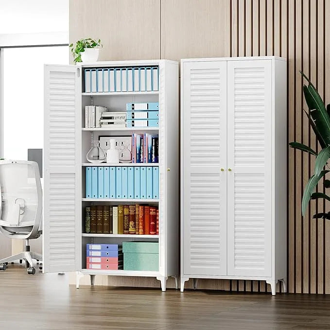 74" H Kitchen Pantry Storage Cabinet, Metal Storage Cabinets with 5 Adjustable Shelves for Kitchen Bathroom Living Room, Required Assembly, White - ModernBath