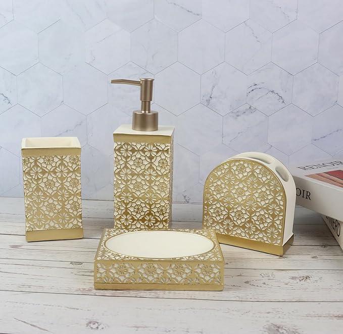 Hymmah Gold Bathroom Accessories Set,Farmhouse Bathroom Decor,4 Pcs Resin Gift Set Apartment Necessities, Contain Cotton Swab Jar,Soap Dispenser,Tumbler，Soap Dish/Tray - ModernBath