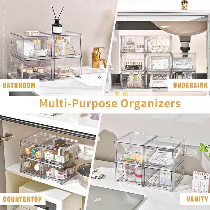 Stebopum 8 Pack Stackable Makeup Organizer, 4.4'' Tall Acrylic Bathroom Makeup Organizer and Storage Drawer with Pull-out Handle, Clear Plastic Storage Bins for Vanity,Pantry,Desk,Undersink,Kitchen - ModernBath