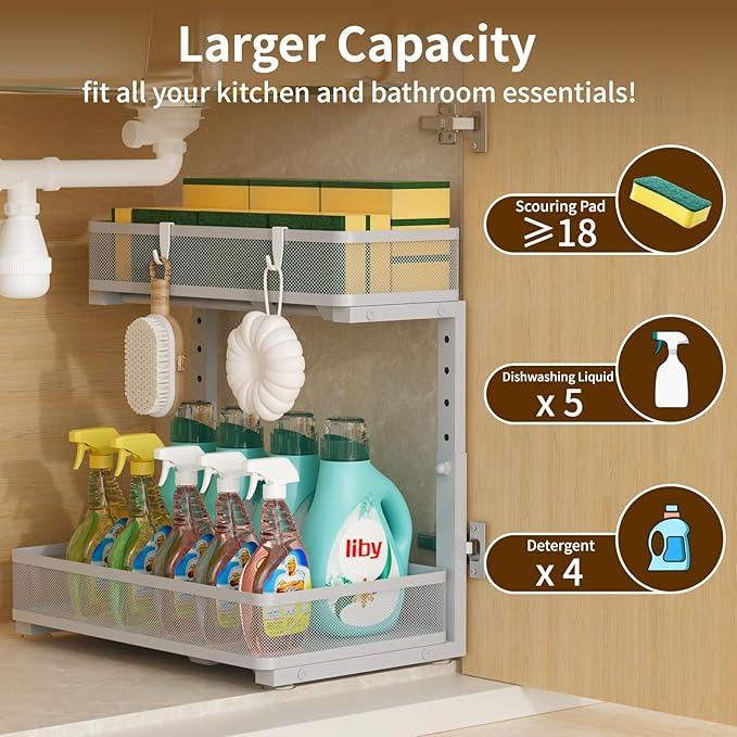 Under Sink Organizer 2 Pack, 2-Tier Slide Out Cabinet Organizer with Metal Sliding Drawer and Hooks, Pull Out Storage Baskets for Kitchen Bathroom Pantry Cabinet Organization (grey) - ModernBath
