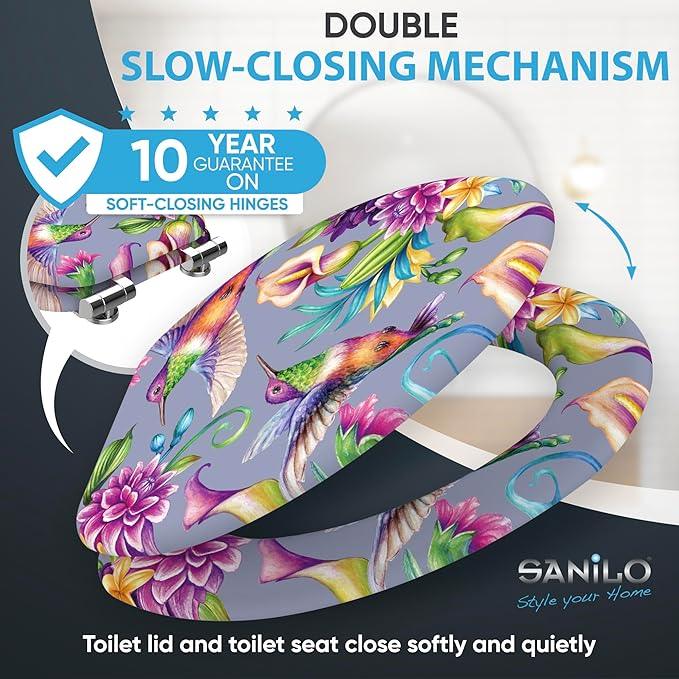 SANILO Wooden Toilet Seat with Soft Close [ELONGATED] - Decorative, Quiet & Slow Close Molded Wood Seat - With Strong Bumpers & Hinges - Adjustable Fit - Hummingbird - ModernBath