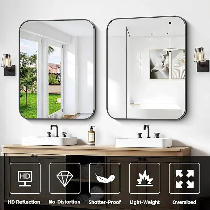 CIVENO Bathroom Mirror, 30 x 24 inch Metal Framed Black Rectangle Mirror, Rounded Corner Rectangular Vanity Mirror, Wall Mounted Mirror for Modern Bedroom Living Room Hangs Horizontal or Vertical - ModernBath