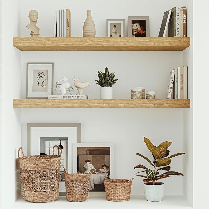 Vivelove 10 inches Deep Floating Shelves 36 inch Long, Large Oak Wall Shelves for Bedroom, Bathroom, Living Room, Kitchen, Office, Modern Shelf Home Decor with Invisible Bracket, Set of 2 Oak - ModernBath
