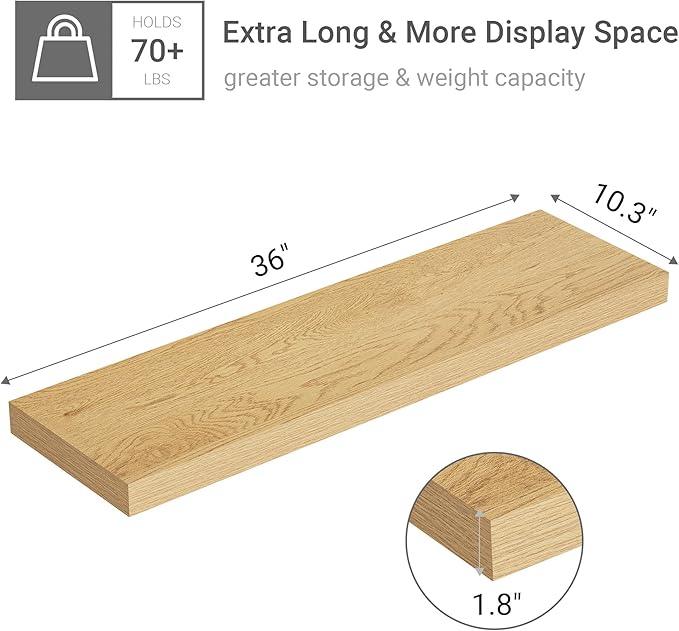 Vivelove 10 inches Deep Floating Shelves 36 inch Long, Large Oak Wall Shelves for Bedroom, Bathroom, Living Room, Kitchen, Office, Modern Shelf Home Decor with Invisible Bracket, Set of 2 Oak - ModernBath