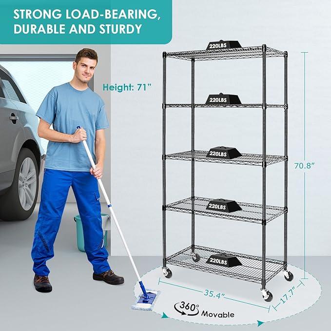 BNSPLY 5 Tier Wire Shelving Unit, Adjustable Metal Storage Rack, Mobile Wire Shelves for Kitchen, Laundry, Bathroom, Pantry, Closet Organization (17.7" D x 35.5" W x 71" H, Black) - ModernBath