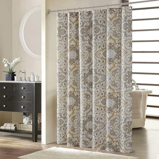 BESTRIPES Extra Long Fabric Shower Curtain, Beige Grey Blue Printed Boho Paisley Damask Pattern Shower Curtains for Bathroom, Waterproof Bathroom Curtains, 72" W x 84" H - ModernBath