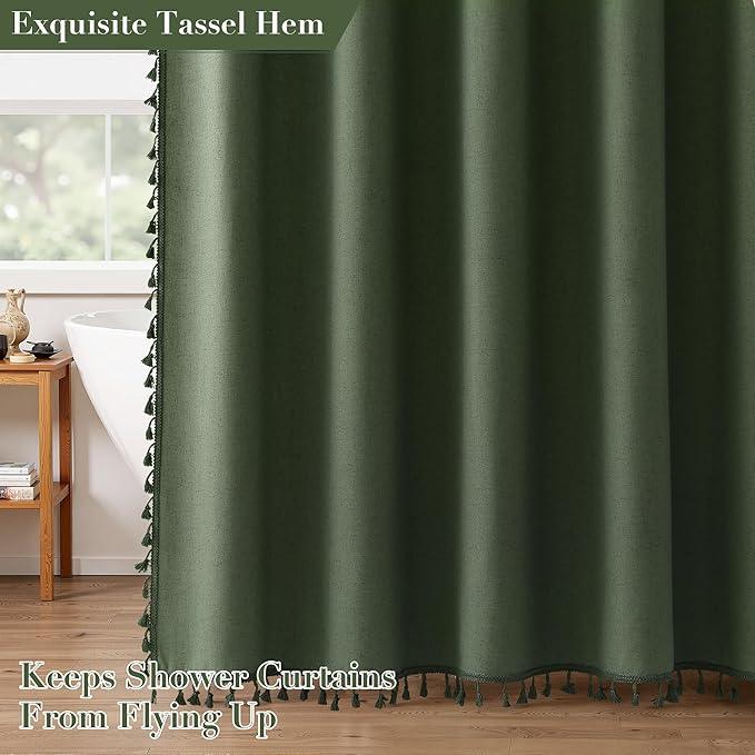 Nanspring Olive Green Boho Linen Shower Curtain for Bathroom Luxury Fancy Modern Rustic Fabric Shower Curtain Set with Hooks Farmhouse Hotel Style Bath Accessories Decor Water Repellent 72x72 - ModernBath