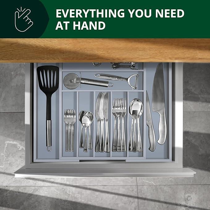ROYAL CRAFT WOOD Luxury Bamboo Kitchen Drawer Organizer - Silverware Organizer - Utensil Holder and Cutlery Tray with Grooved Drawer Dividers for Flatware and Kitchen Utensils (9 Slot, Gray) - ModernBath