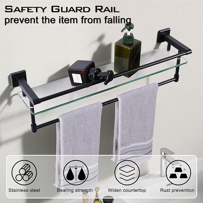 Glass Shelves for Bathroom with Towel Bar/Rack 24" Tempered Glass Shelves with Stainless Steel Towel Holder for Wall Shelf Sink Over Toilet (Matte Black) - ModernBath