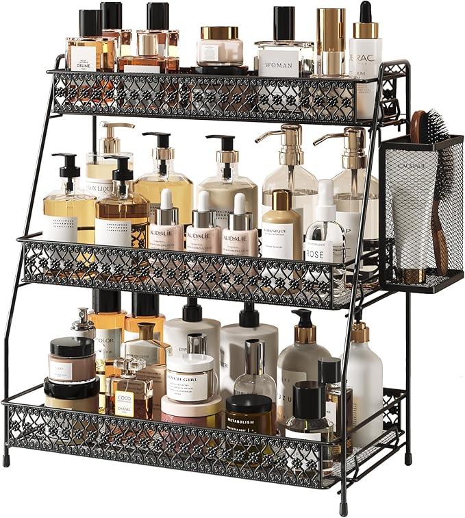 SILUB Vintage 3 Tier Spice Rack Organizer for Kitchen Counter, Bathroom Counter Organizer with Bonus Basket, 3 Tier Bathroom Counter Organizer for Spices Makeup Perfumes, Retro Countertop Organizer - ModernBath