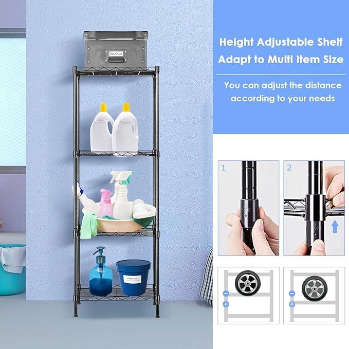 BNSPLY 4 Tier Wire Shelving Unit, Height Adjustable Wire Shelves, Metal Storage Rack Organizer for Laundry, Kitchen, Bathroom, Pantry, Closet (11.8" D x 17.7" W x 49.6" H, Black) - ModernBath