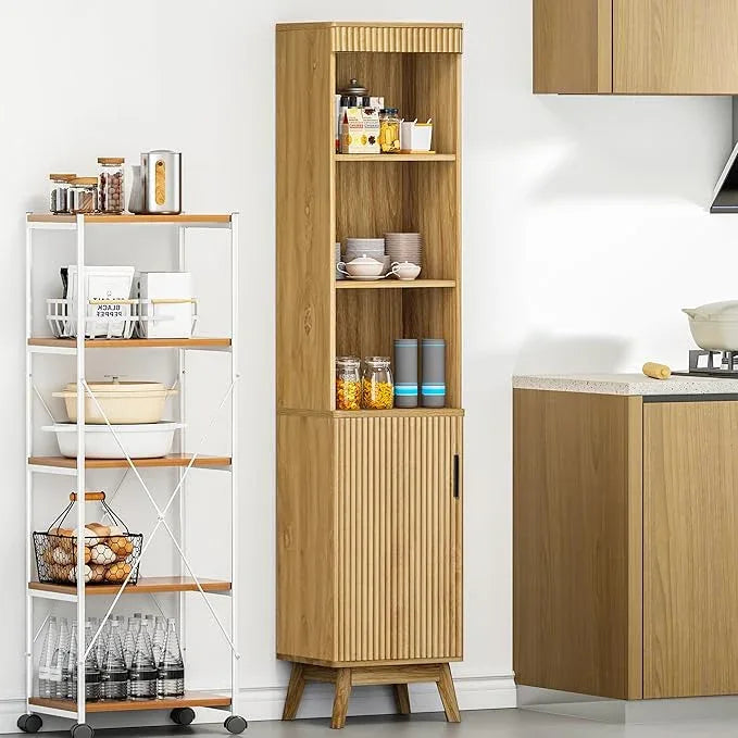 68" Tall Bathroom Storage Cabinet,Narrow Fluted Tower Cabinet with Door and Shelves,Slim Space Saving Storage Unit for Bathroom Kitchen Living Room (Natural, 11.8" D x 15.75" W x 68" H) - ModernBath