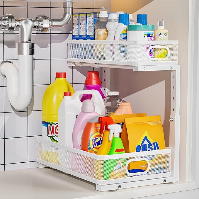 Under Sink Organizer, High Adjustable 2 Tier Under Sink Organizers and Storage, Slide Out Metal Cabinet Organizers, Pull Out Sink Storage Drawer Shelf for Kitchen Bathroom Cabinet, White, 1 Pack - ModernBath