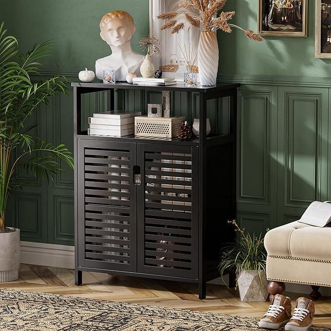 HITNET Black Bathroom Storage Cabinet, Freestanding Bamboo Floor Cabinet 4 Tier Tall Kitchen Cupboard with Door and Shelves - ModernBath