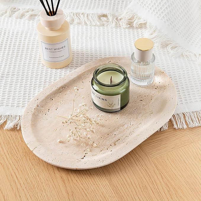 WANJINGYULE Natural Marble Decorative Tray Bathroom Counter Perfume Organizer Vanity Tray for Home Decor, Jewelry Candle, Coffee Table, Soap Holder Dresser Countertop Accessories 8"x11" Travertine - ModernBath