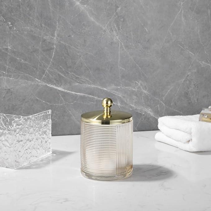 Indecor Home Tan Colored Tranlucent Apothecary Ribbed Geometric Etched Glass Jar W/Gold Metal Lid Cover for Bathroom Organization, Cotton Balls, Q Tips, and Small Accessories, Bathroom Storage - ModernBath