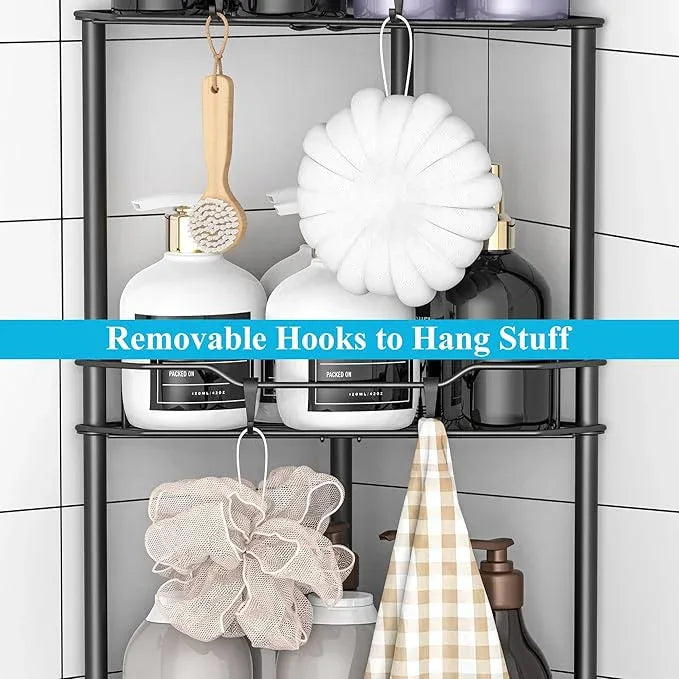 4 Tier Floor Standing Corner Shower Caddy Organizer Shelf with Hooks, Bathroom Shelves Stand Rack, Matt Black - ModernBath