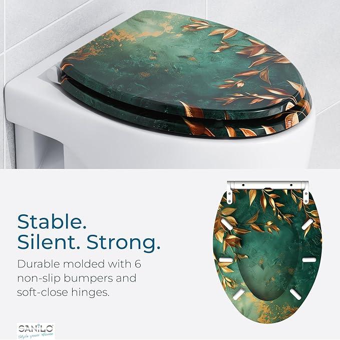 Sanilo Wooden Toilet Seat with Quick Release & Soft Close [ELONGATED] - Decorative & Slow Close Molded Wood Seat - With One Click for Easy Installation & Cleaning - With Adjustable Fit (Greego) - ModernBath
