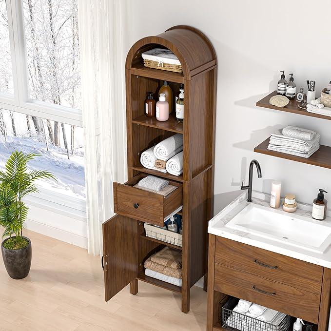 64" Tall Bathroom Storage Cabinet with Adjustable Shelves,Tall Narrow Arched Freestanding Tower Cabinet with Fluted Doors and Drawers,Space Saving Organizer for Bathroom Living Room (Walnut) - ModernBath