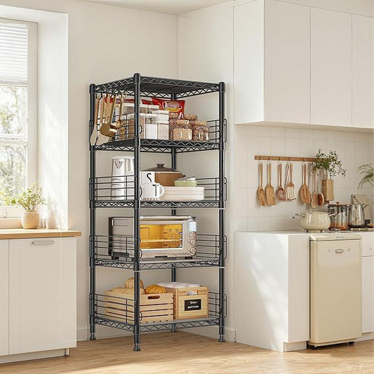5 Tier Metal Shelving Unit Storage Shelves With Shelf Linker,Adjustable Pantry Shelves Wire Shelving with Hooks,Metal Shelf with Side Blockers for Kitchen,Closet,Office,Laundry,18.1''Wx18.1''Dx59''H - ModernBath