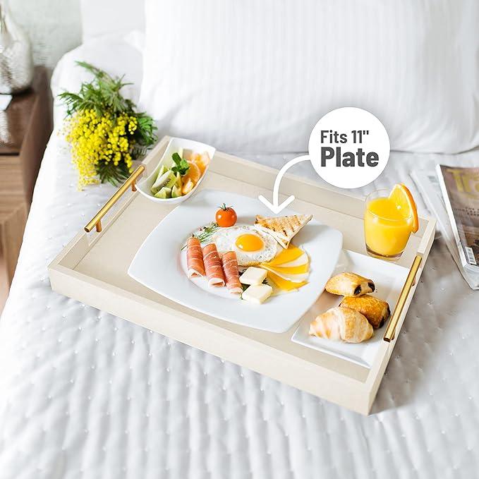 ATZYmolin 17" x 12" Wood Serving Tray with Gold Polished Metal Handles, Home Decorative Wooden Rectangle Ottoman Leather Decor Platter Bathroom Vanity Tray for All Occasions White - ModernBath