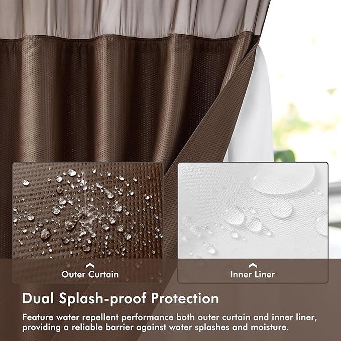 Mrs Awesome No Hook Shower Curtain with Snap-in Liner, Embossed Waffle Design Fabric Shower Curtain for Bathroom, Soft & Lightweight, 71x74, Chocolate - ModernBath