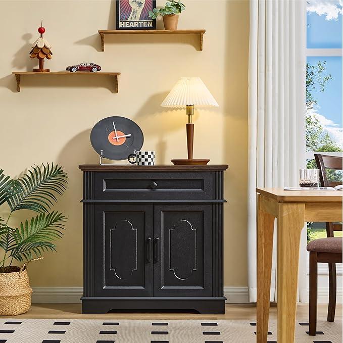 Black Farmhouse Storage Cabinet with 2 Doors and 1 Drawer, Adjustable Shelf, Freestanding Kitchen Pantry Cabinet, Modern Buffet Sideboard Coffee Bar Cabinet Living Room Bathroom Dining Room - ModernBath