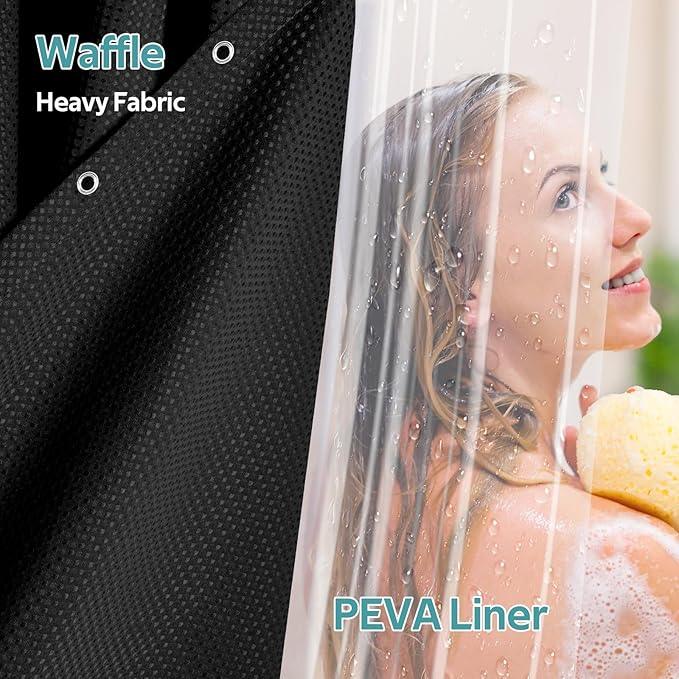 Vipfree 3 in 1 Shower Curtain Set, Waffle Shower Curtain and Liner Set with 6 Double Sided Shower Curtain Hooks, 258GSM Luxury Weighted Cloth Shower Curtains for Bathroom, 36 W x 72 H, Black - ModernBath