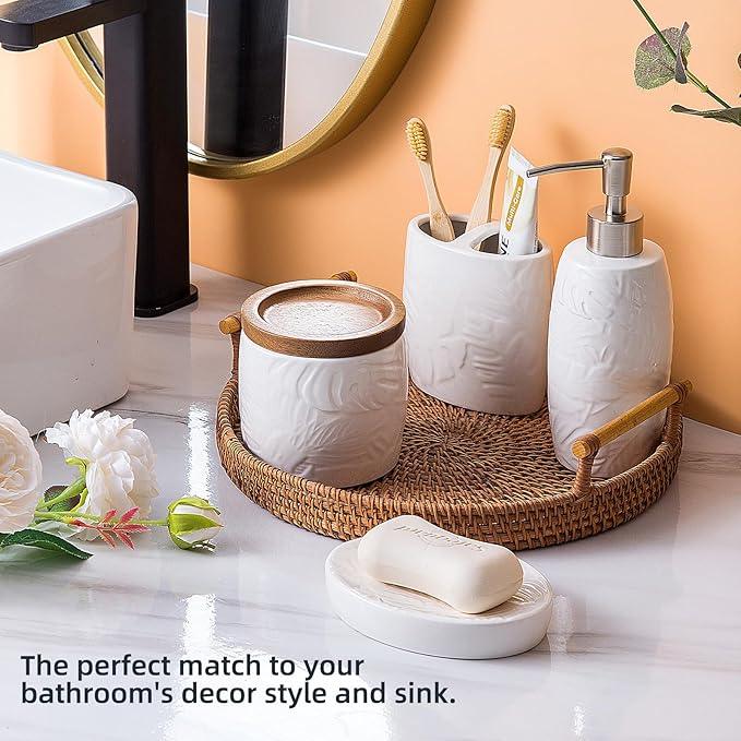 Bathroom Accessories Set,Leaf Design Bathroom Accessory Set,4 PCS Ceramic Gift Set Apartment Necessities, Contain Cotton Swab Jar,Soap Dispenser,Soap Dish,Tumbler White - ModernBath