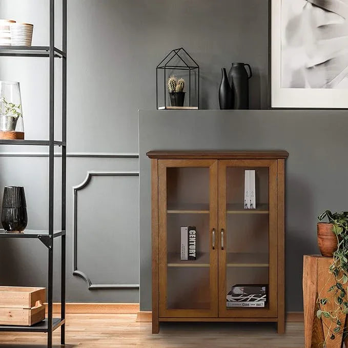 Teamson Home Avery Wooden Freestanding Floor Cabinet with 2 Adjustable Shelves 3 Storage Spaces 2 Glass Paneled Doors and 2 Antique Brass Knobs, Oiled Oak - ModernBath